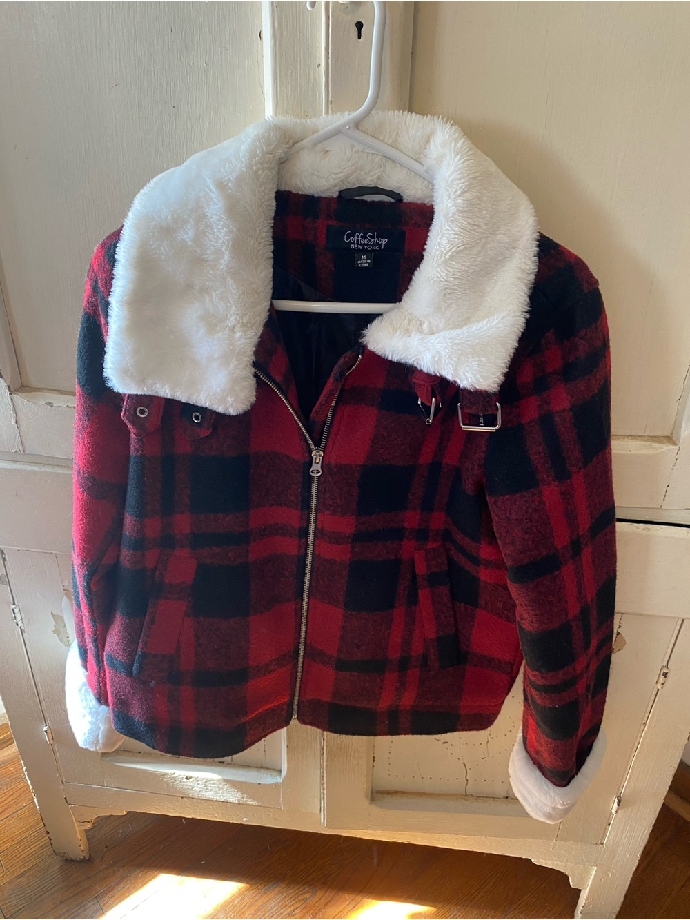 CoffeeShop Red and Black Plaid Faux Fur-Trim Kids Puffer Jacket